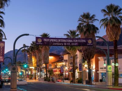 Palm Springs, California United States of America - January 3, 2022: Early morning view of downtown Palm Springs including Film Festival welcome sign