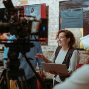 Film set, monitors and modern shooting equipment. Film crew, lighting devices, monitors, playbacks - filming equipment and a team of specialists in filming movies, advertising and TV series