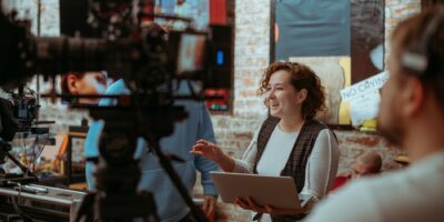 Film set, monitors and modern shooting equipment. Film crew, lighting devices, monitors, playbacks - filming equipment and a team of specialists in filming movies, advertising and TV series