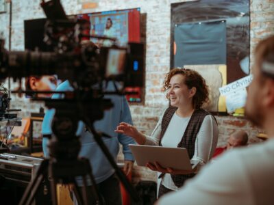 Film set, monitors and modern shooting equipment. Film crew, lighting devices, monitors, playbacks - filming equipment and a team of specialists in filming movies, advertising and TV series