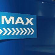 NEW YORK, USA - November 10, 2024: Sign with logo pointing to IMAX hall in modern cinema