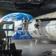 Famous Female Director Leads Diverse Team in Filming Sci-fi Movie Using Virtual Production and Cgi. Advanced Equipment and Futuristic Set Create Immersive Space Visuals Featuring an Astronaut.