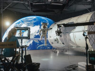 Famous Female Director Leads Diverse Team in Filming Sci-fi Movie Using Virtual Production and Cgi. Advanced Equipment and Futuristic Set Create Immersive Space Visuals Featuring an Astronaut.